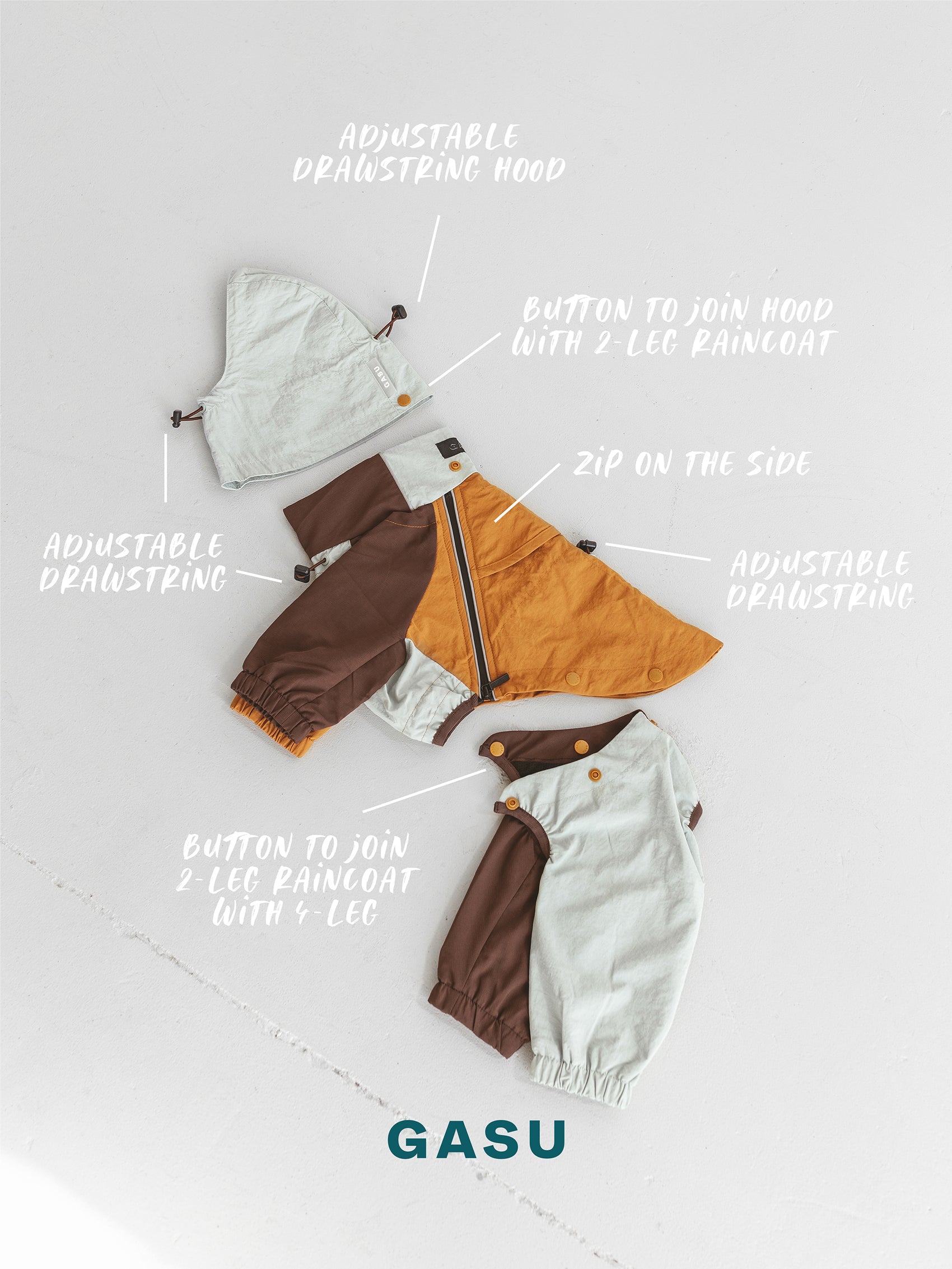 GASU Vautrer / [Mint Toffee] Detachable 4-Leg Raincoat / Windbreaker Jacket
